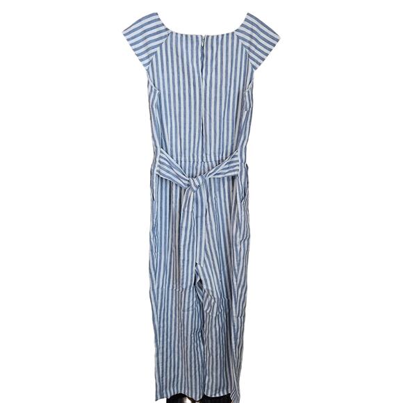 Vince Camuto Linen Jumpsuit Size 10 Striped Cap Sleeve Belted Pockets Beach Blue - Picture 2 of 14